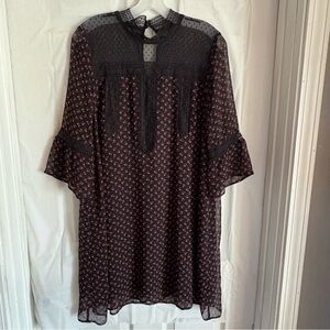 Express‎ Floral Cottagecore Midi Dress Womens Sz Large Black Lace Flutter Sleeve